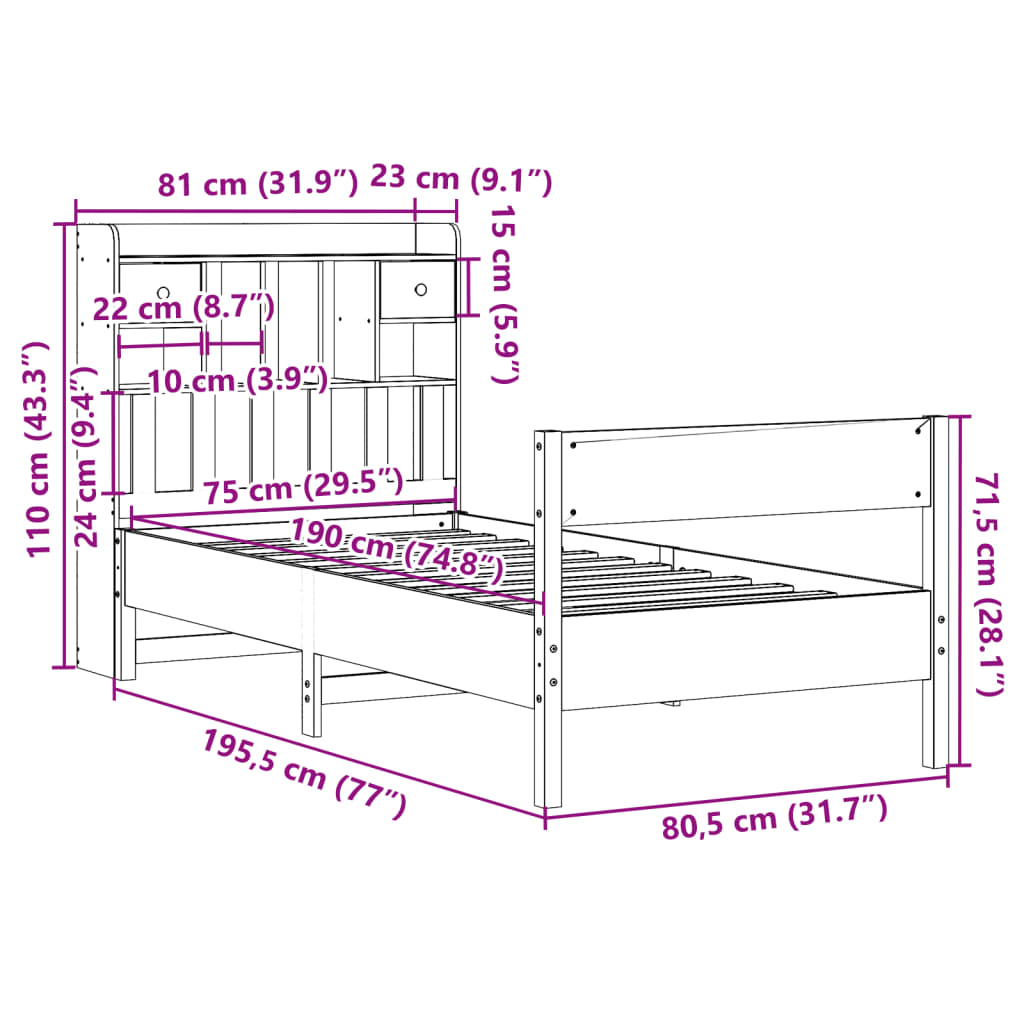 vidaXL Pat bibliotecă fără saltea maro ceruit 75x190 cm lemn masiv pin