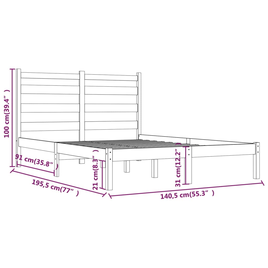 vidaXL Cadru de pat dublu, negru, 135x190 cm, lemn masiv de pin