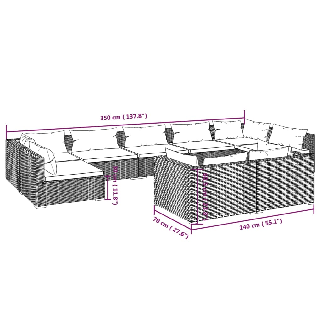 vidaXL Set mobilier de grădină cu perne, 9 piese, negru, poliratan