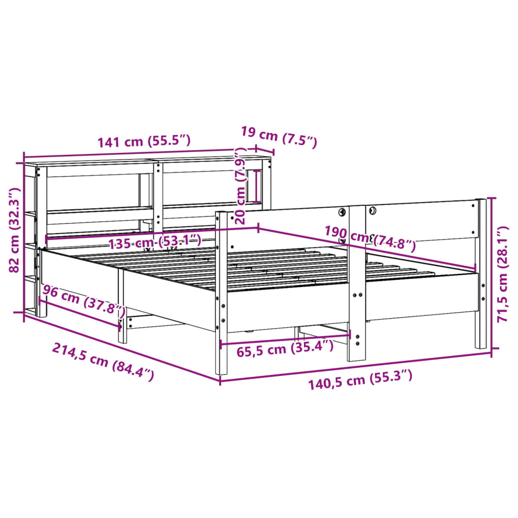 vidaXL Cadru de pat fără saltea, 135x190 cm, lemn masiv de pin