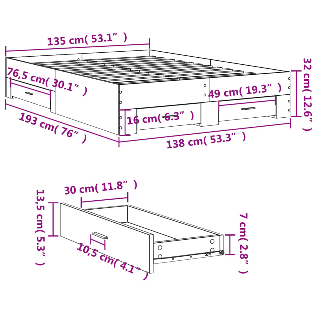 vidaXL Cadru de pat cu sertare, negru, 135x190 cm, lemn prelucrat