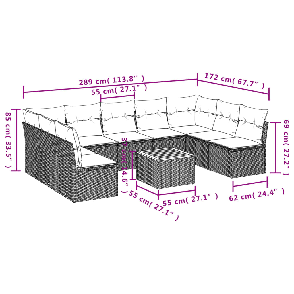 vidaXL Set mobilier de grădină cu perne, 10 piese, gri, poliratan