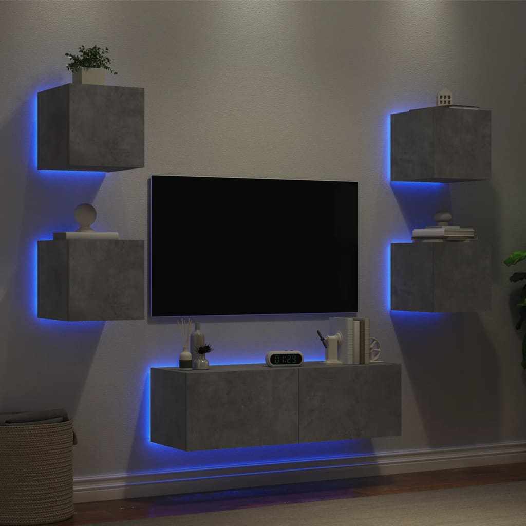 vidaXL Comode TV de perete cu lumini LED, 5 piese, gri beton