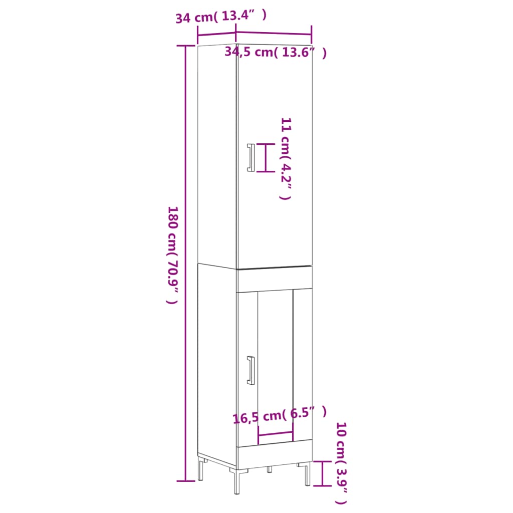 vidaXL Dulap înalt, alb, 34,5x34x180 cm, lemn prelucrat