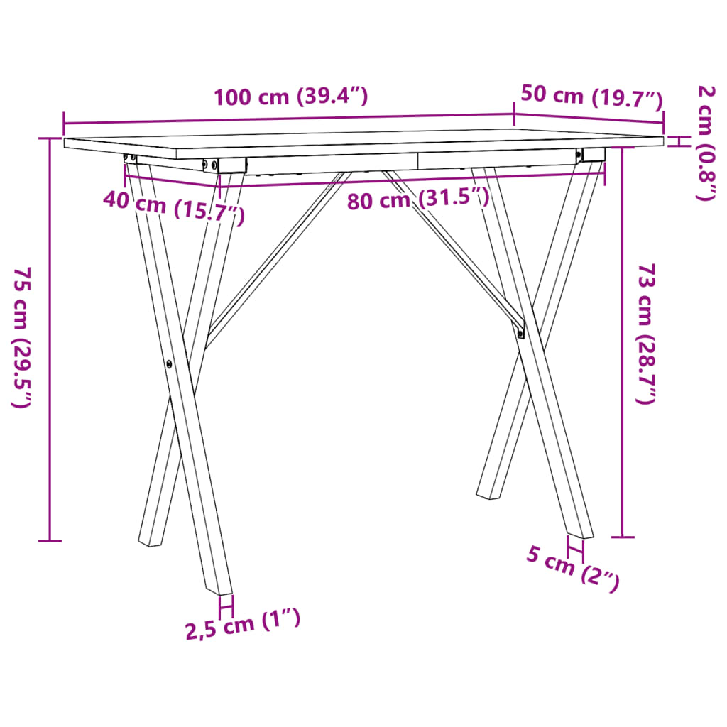 vidaXL Masă de bucătărie, cadru X, 100x50x75cm lemn masiv pin și fontă