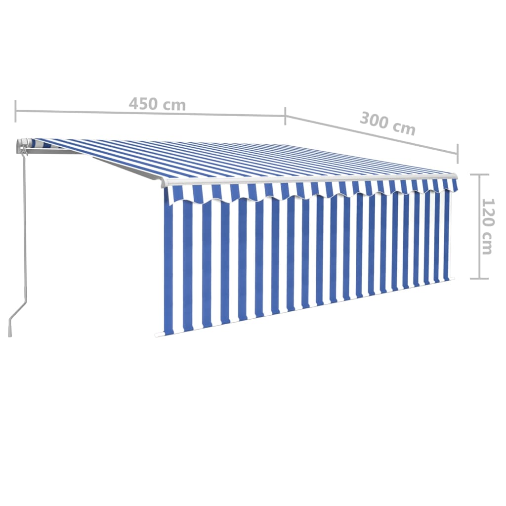 vidaXL Copertină retractabilă manual cu stor&LED, albastru&alb, 4,5x3m