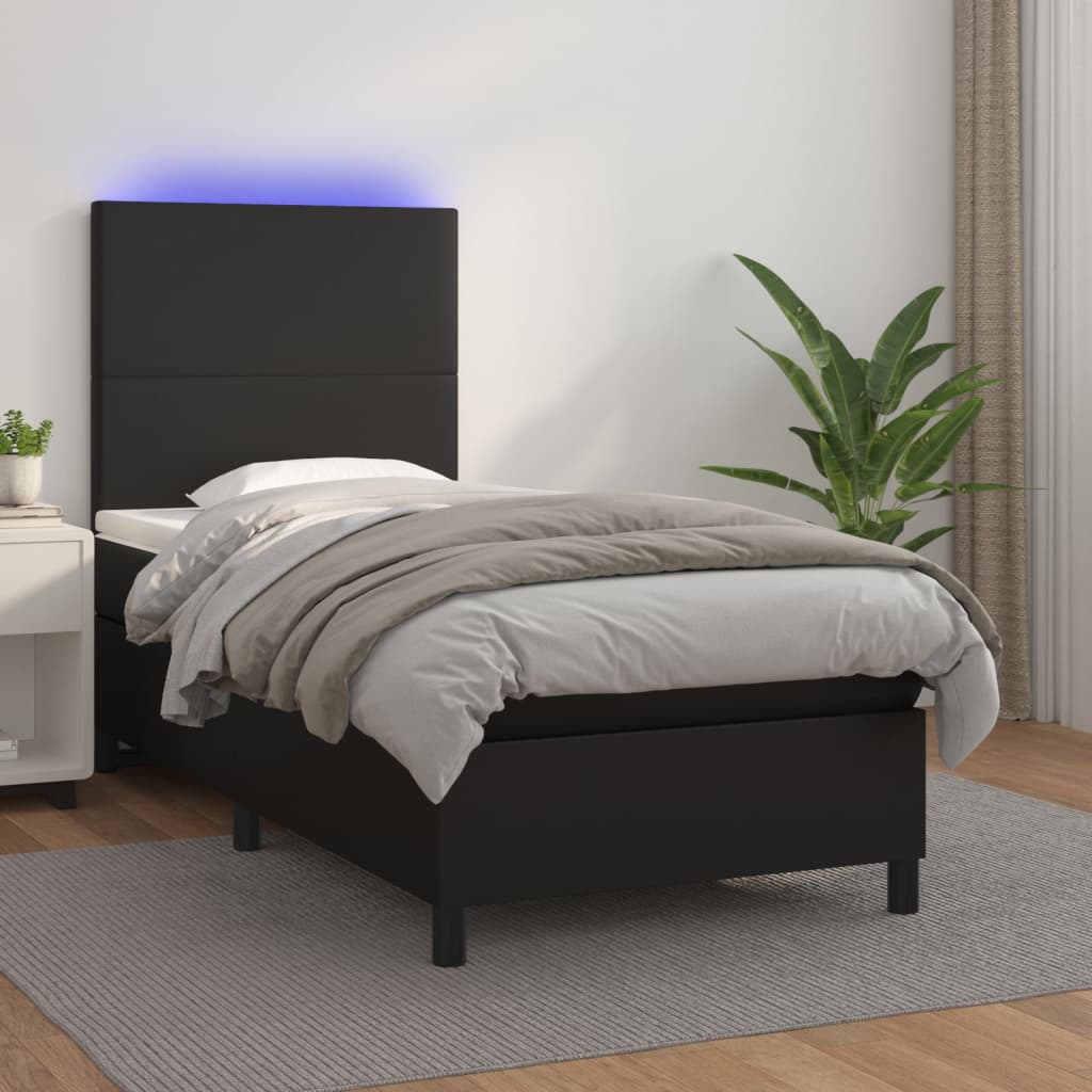 vidaXL Pat cu arcuri, saltea și LED, negru, 90x190 cm, piele ecologică