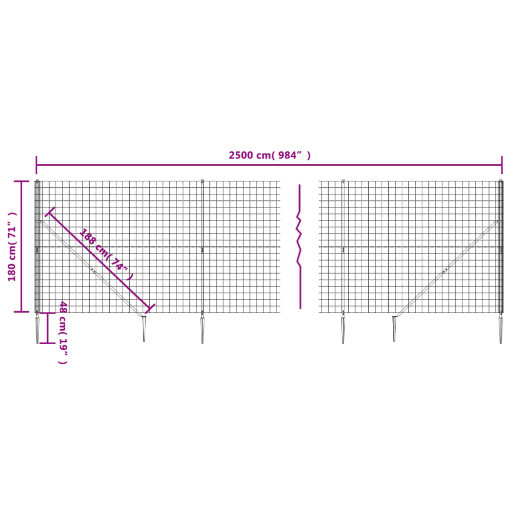 vidaXL Gard plasă de sârmă cu țăruși de fixare, antracit, 1,8x25 m