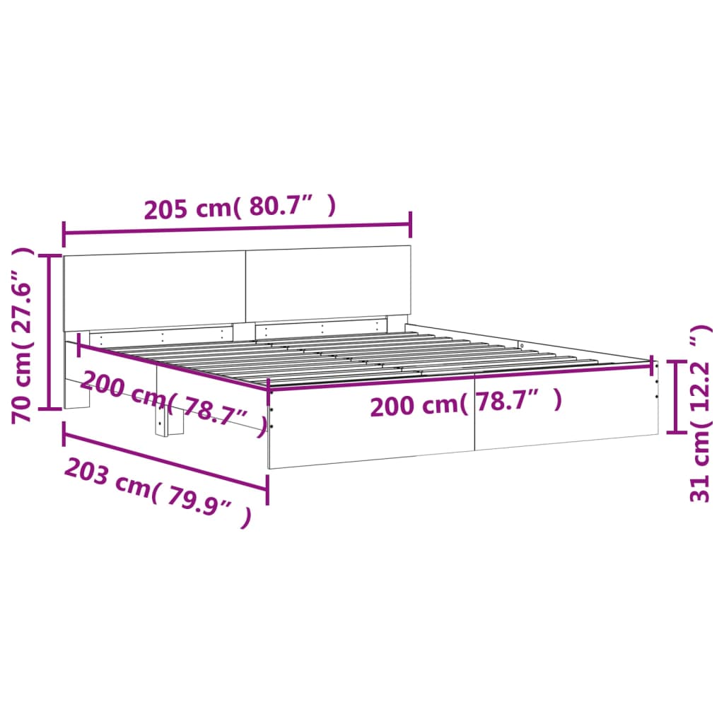 vidaXL Cadru de pat cu tăblie și LED, alb, 200x200 cm