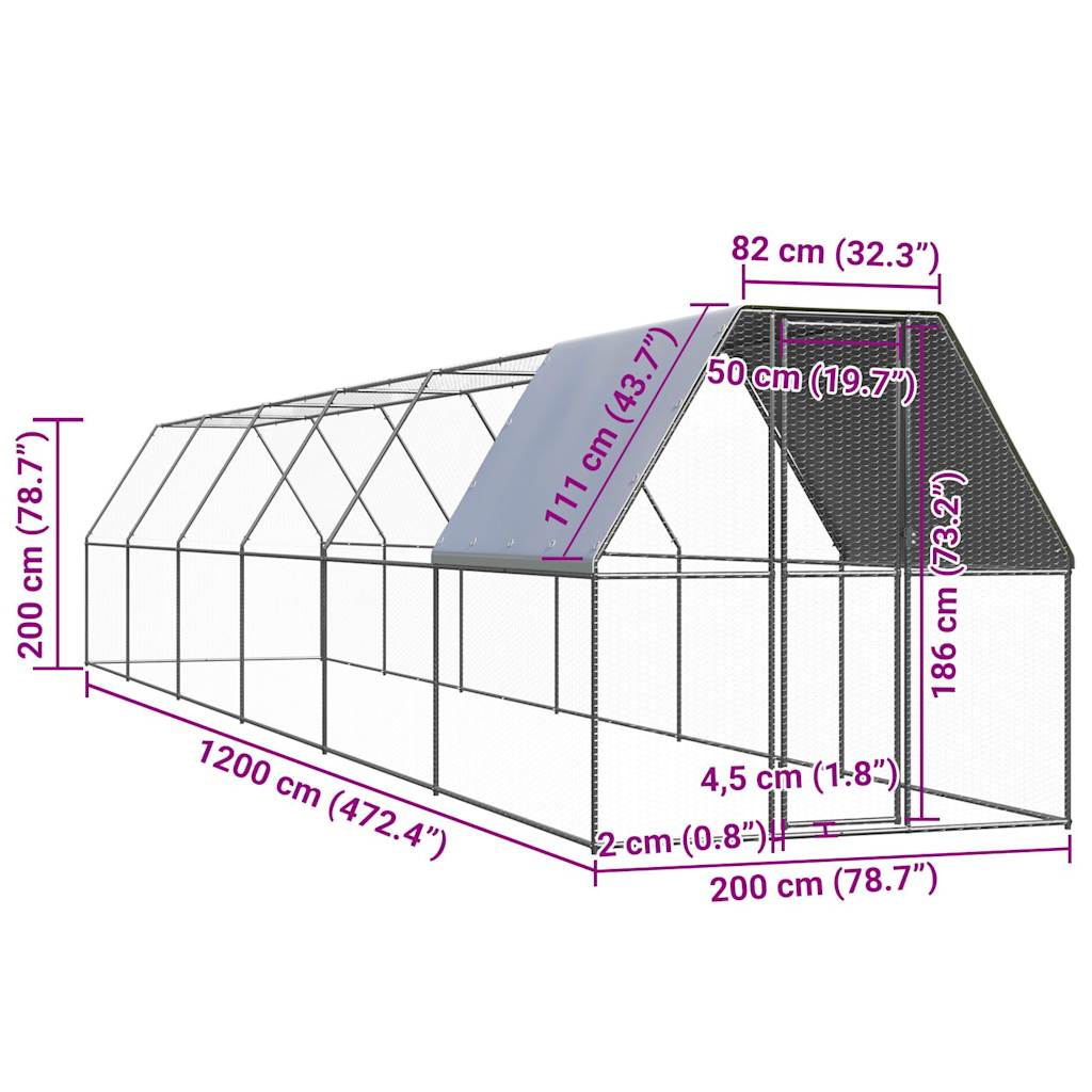 vidaXL Coteț de păsări, 2x12x2 m, oțel galvanizat