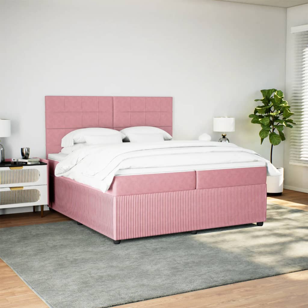 vidaXL Pat box spring cu saltea, roz, 200x200 cm, catifea