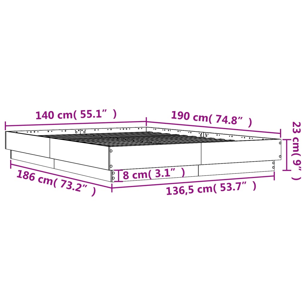 vidaXL Cadru de pat cu lumini LED, gri sonoma, 140x190 cm