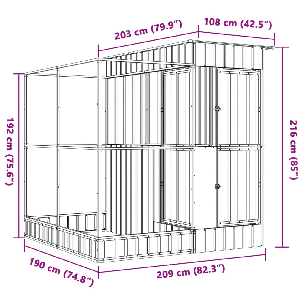 vidaXL Voliera de păsări cu extensie, argintiu, 209x203x216 cm, oțel