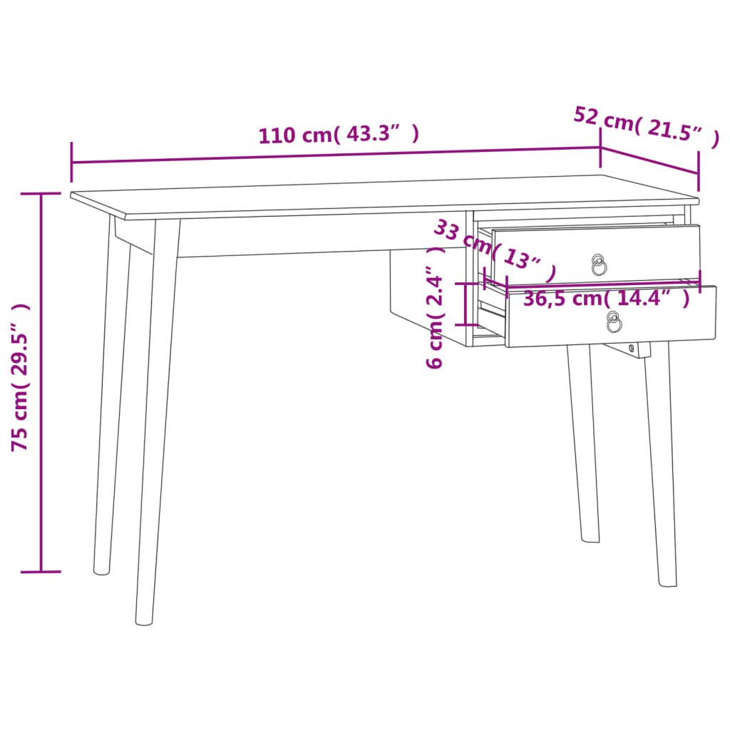 vidaXL Birou cu 2 sertare, 110x52x75 cm, lemn masiv de tec