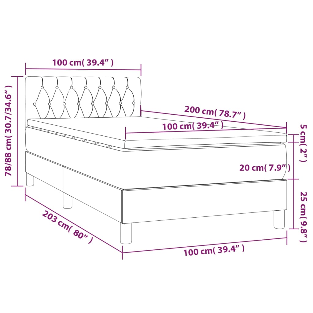 vidaXL Pat cu arcuri, saltea și LED, gri închis, 100x200 cm, textil