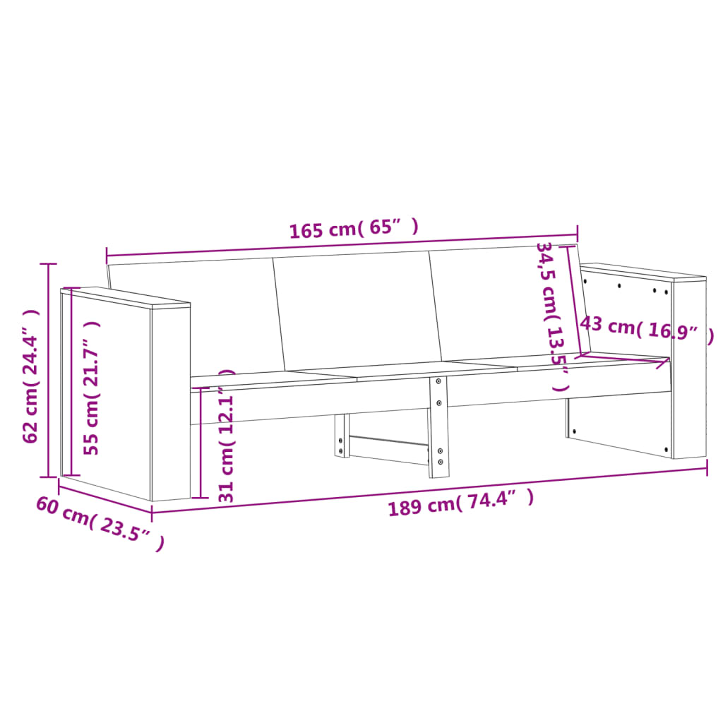 vidaXL Canapea de grădină 3 locuri, alb, 189x60x62 cm, lemn masiv pin