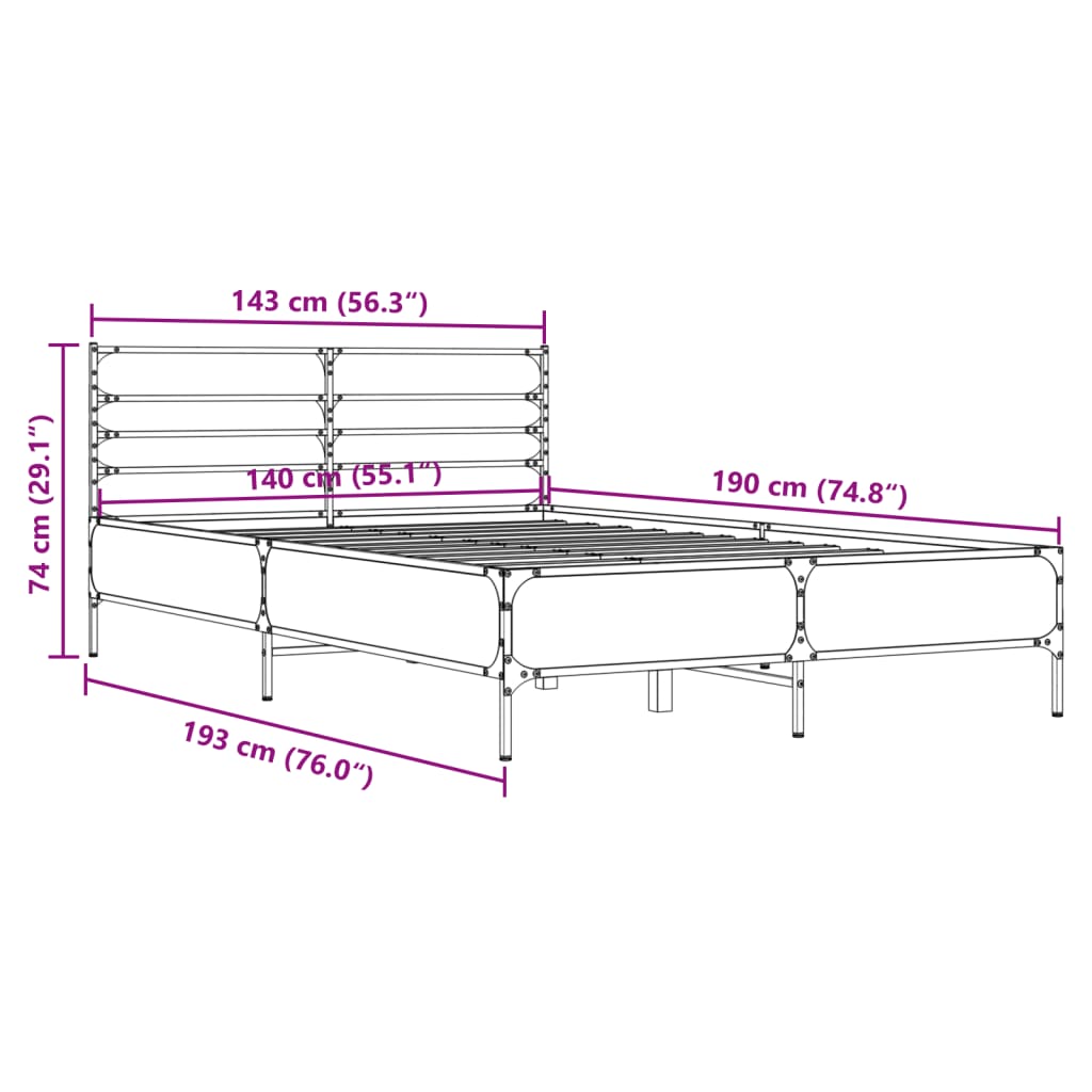 vidaXL Cadru de pat, gri sonoma, 140x190 cm, lemn prelucrat și metal