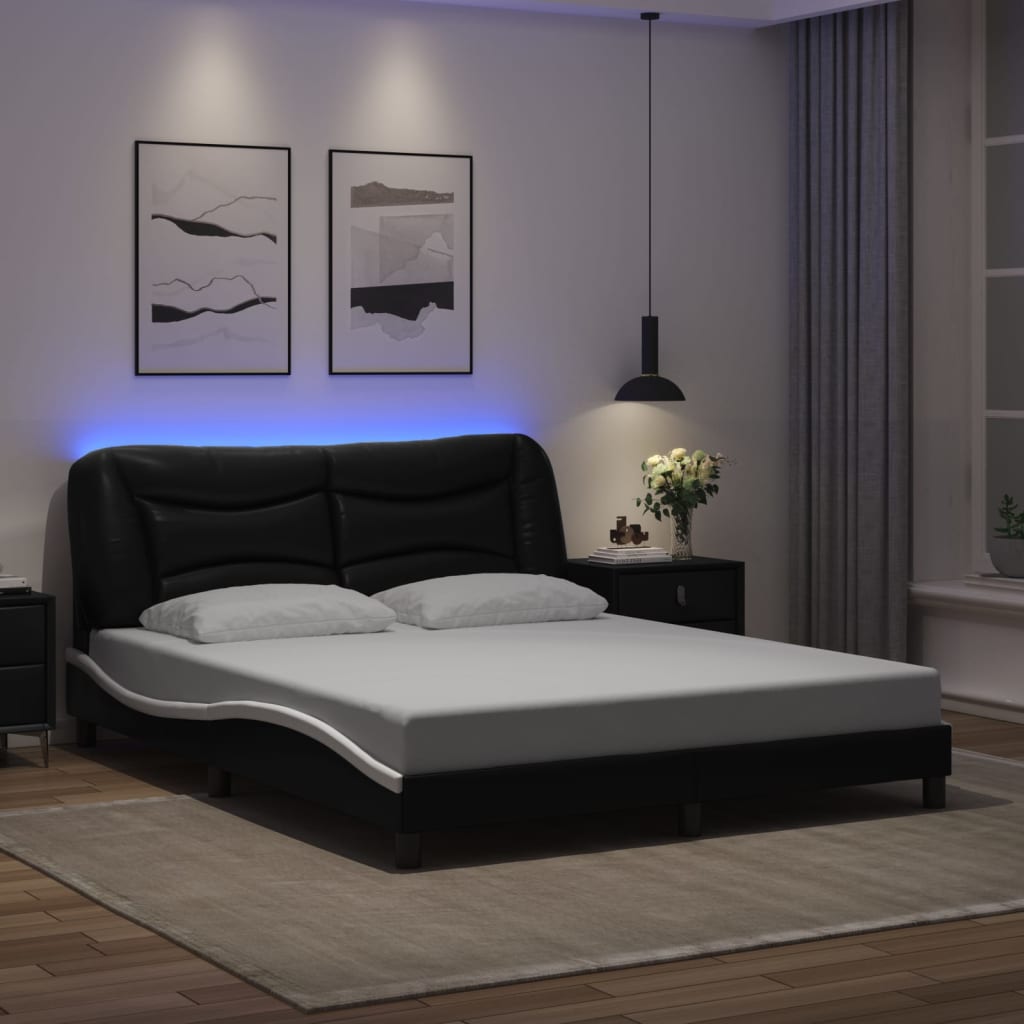 vidaXL Cadru de pat cu LED, negru și alb, 160x200 cm, piele ecologică