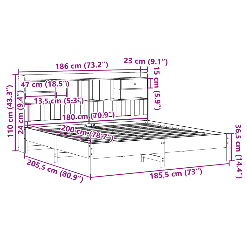 vidaXL Pat cu bibliotecă fără saltea, 180x200 cm, lemn masiv de pin