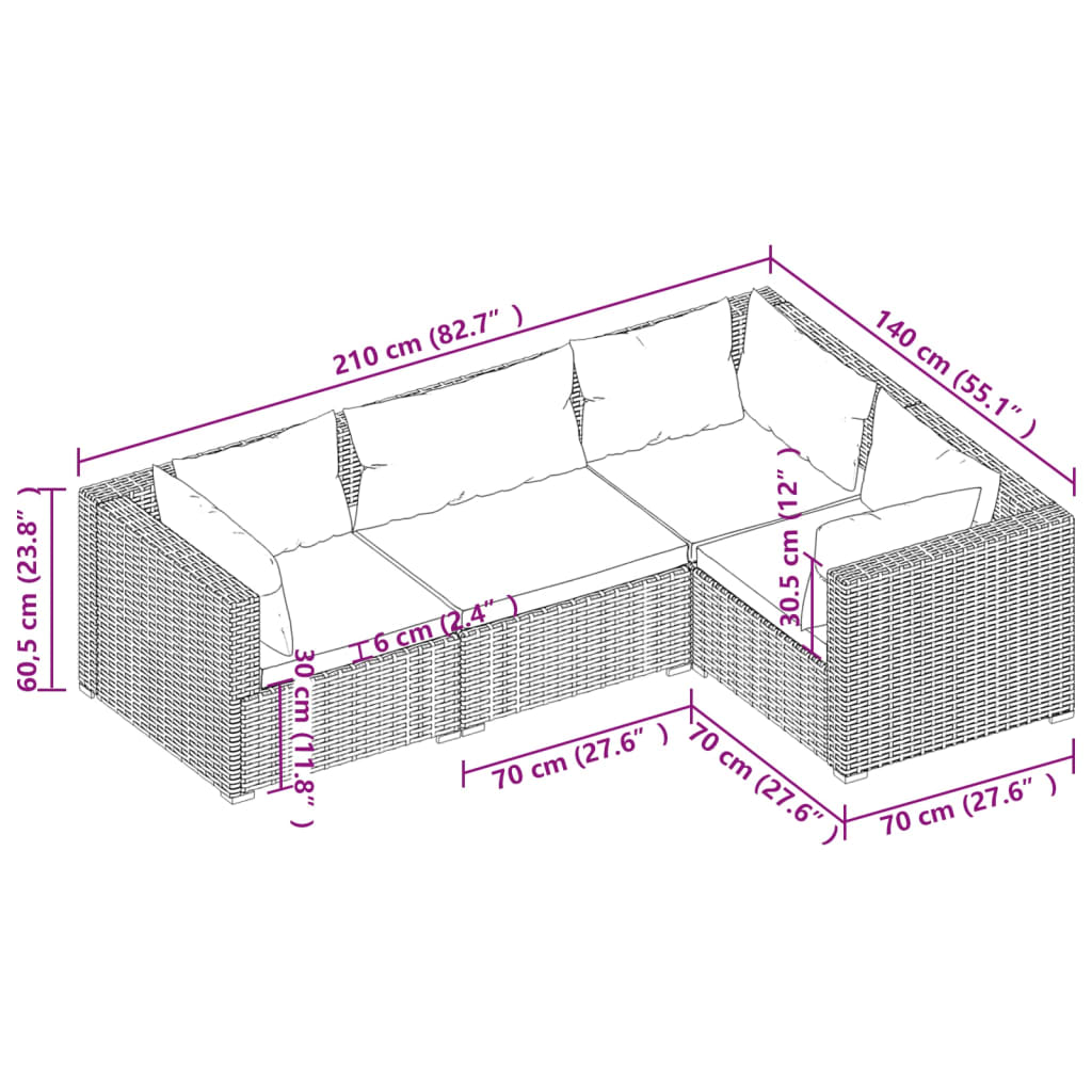 vidaXL Set mobilier de grădină cu perne, 4 piese, maro, poliratan