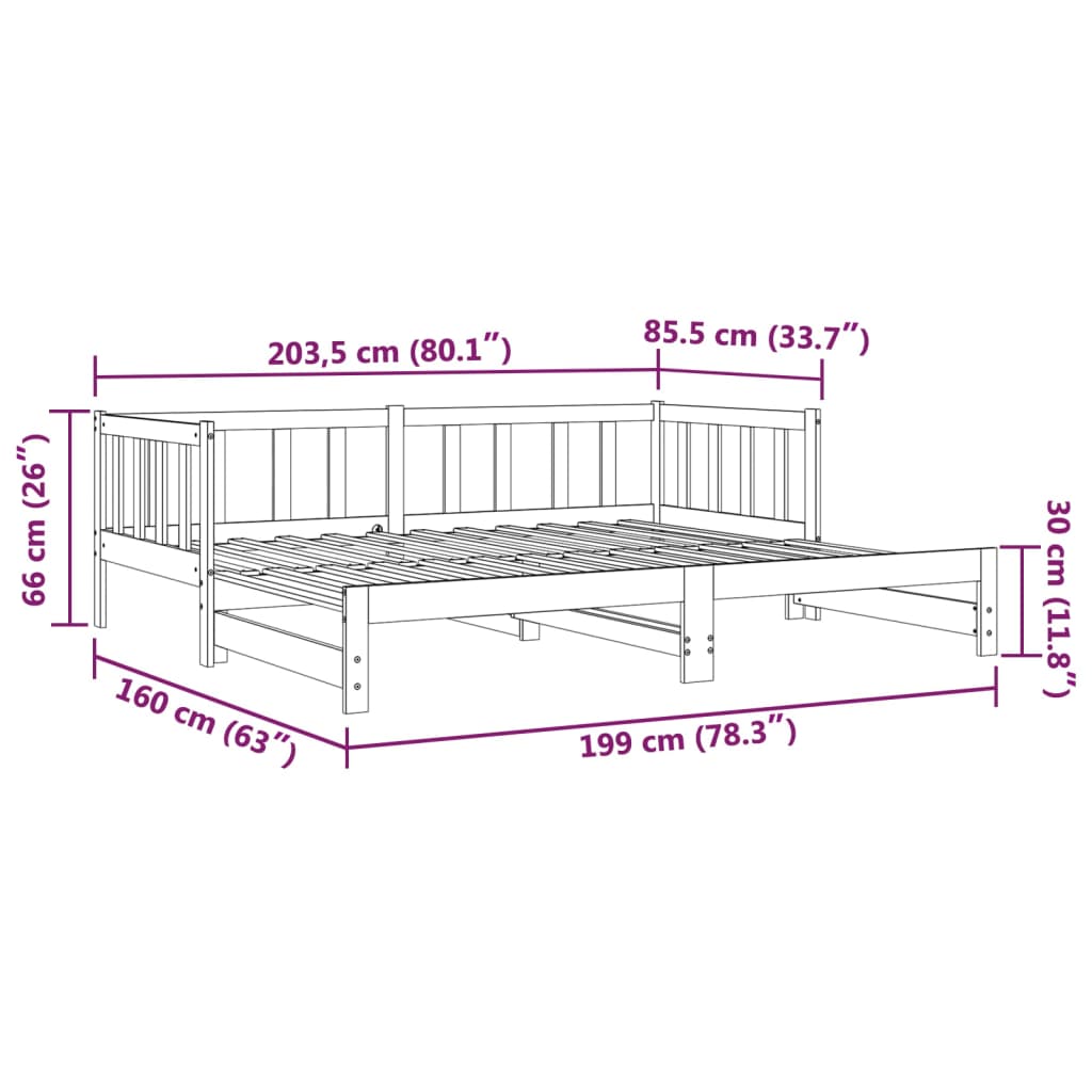 vidaXL Pat de zi extensibil, negru, 2x(80x200) cm, lemn masiv de pin