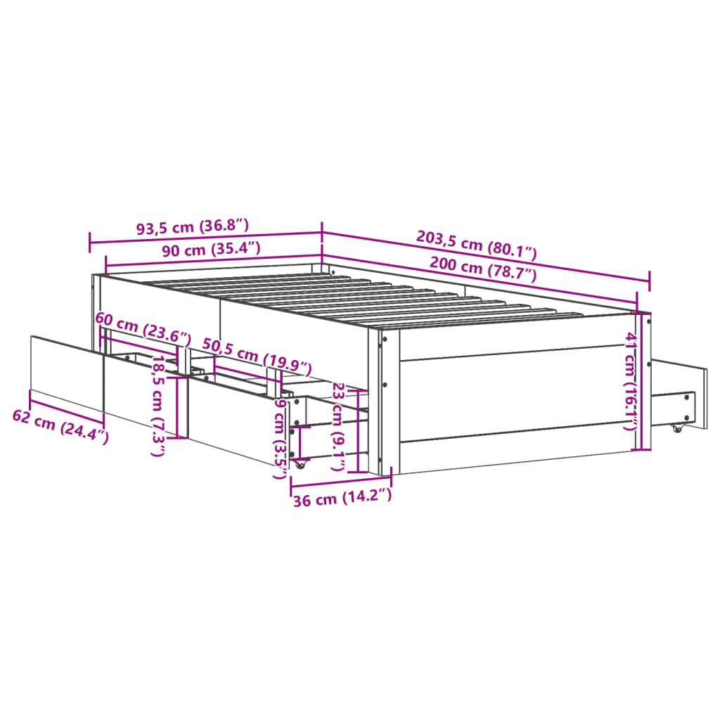 vidaXL Cadru pat fără saltea/cu sertare, alb, 90x200cm, lemn masiv pin