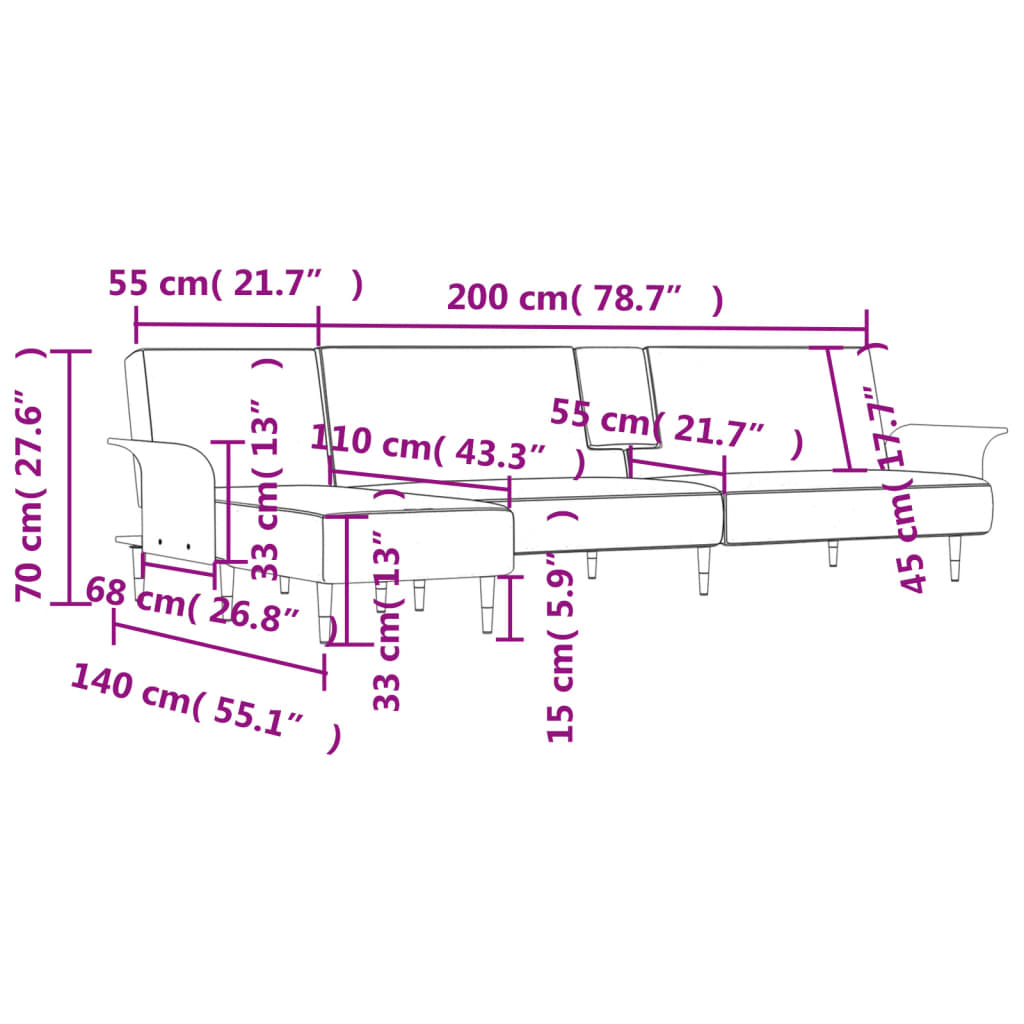 vidaXL Canapea extensibilă în formă de L negru 279x140x70 cm catifea