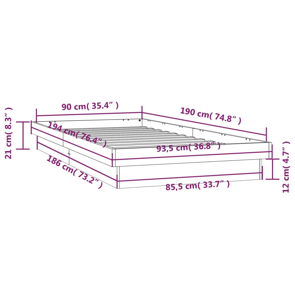 vidaXL Cadru de pat cu LED, Single, 90x190 cm, lemn masiv