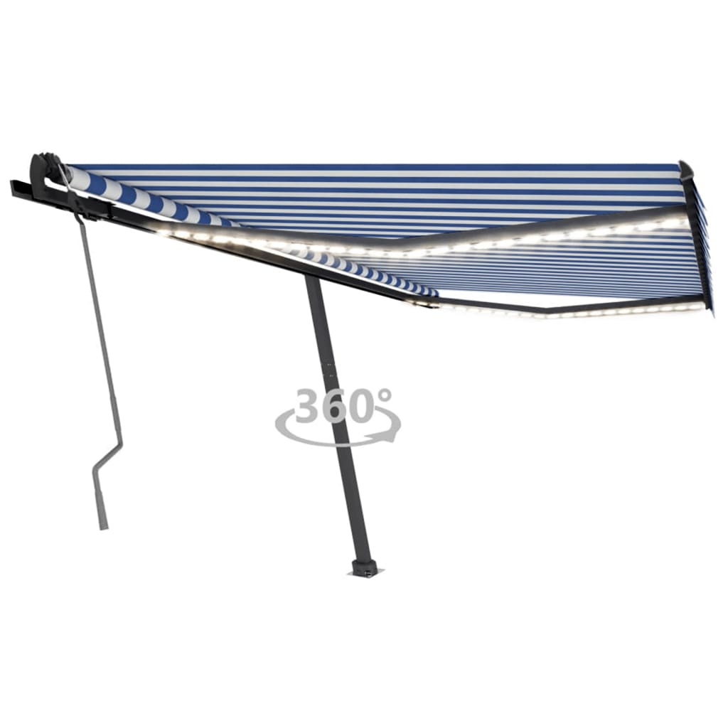 vidaXL Copertină retractabilă manual cu LED, albastru&alb, 450x350 cm