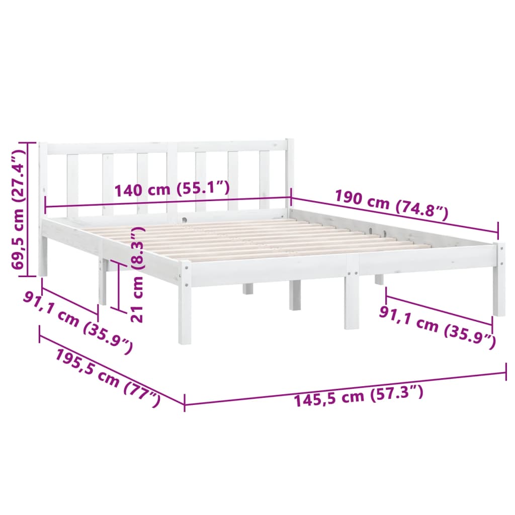 vidaXL Cadru de pat, alb, 140x190 cm, lemn de pin masiv