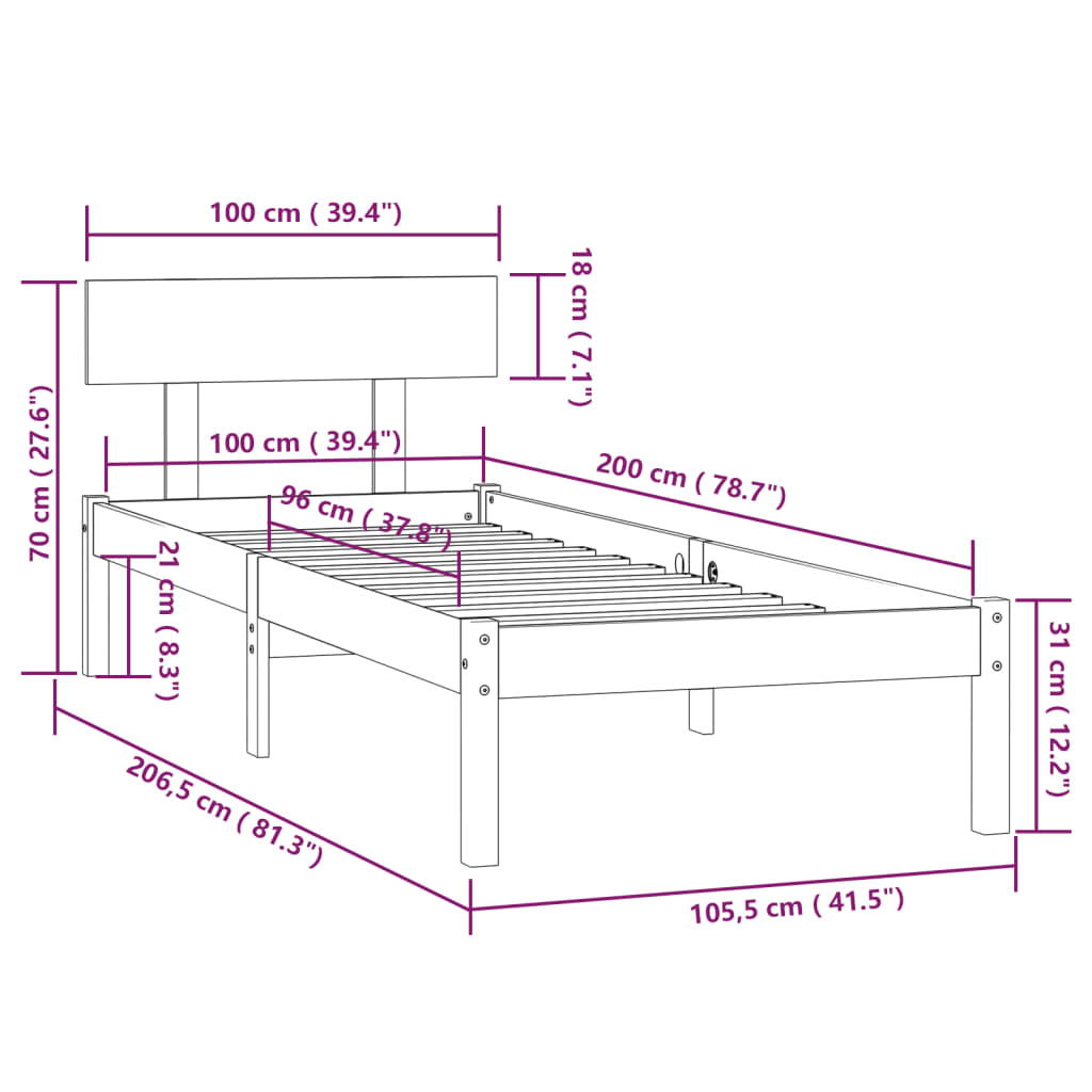 vidaXL Cadru de pat, 100x200 cm, negru, lemn masiv de pin