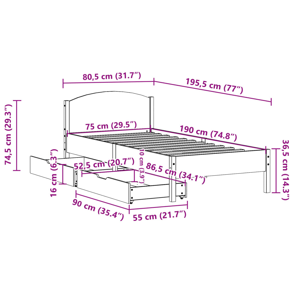 vidaXL Cadru de pat fără saltea, 75x190 cm, lemn masiv de pin