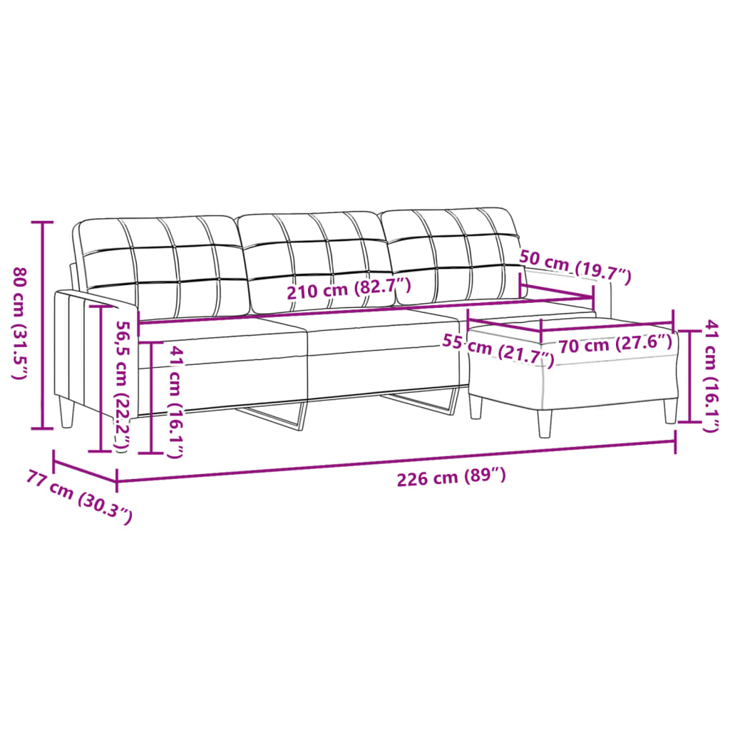 vidaXL Canapea cu 3 locuri și taburet, gri închis, 210 cm, textil