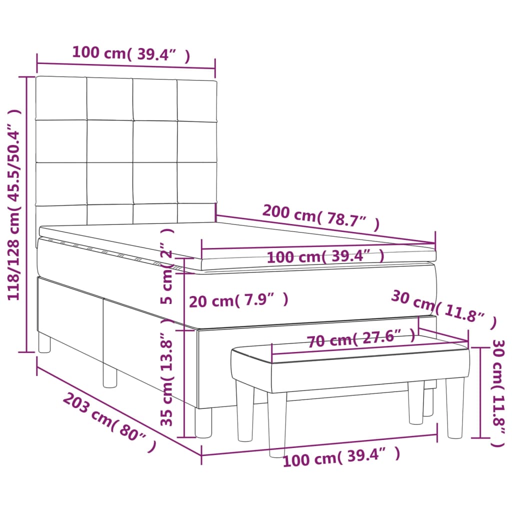 vidaXL Pat box spring cu saltea, roz, 100x200 cm, catifea