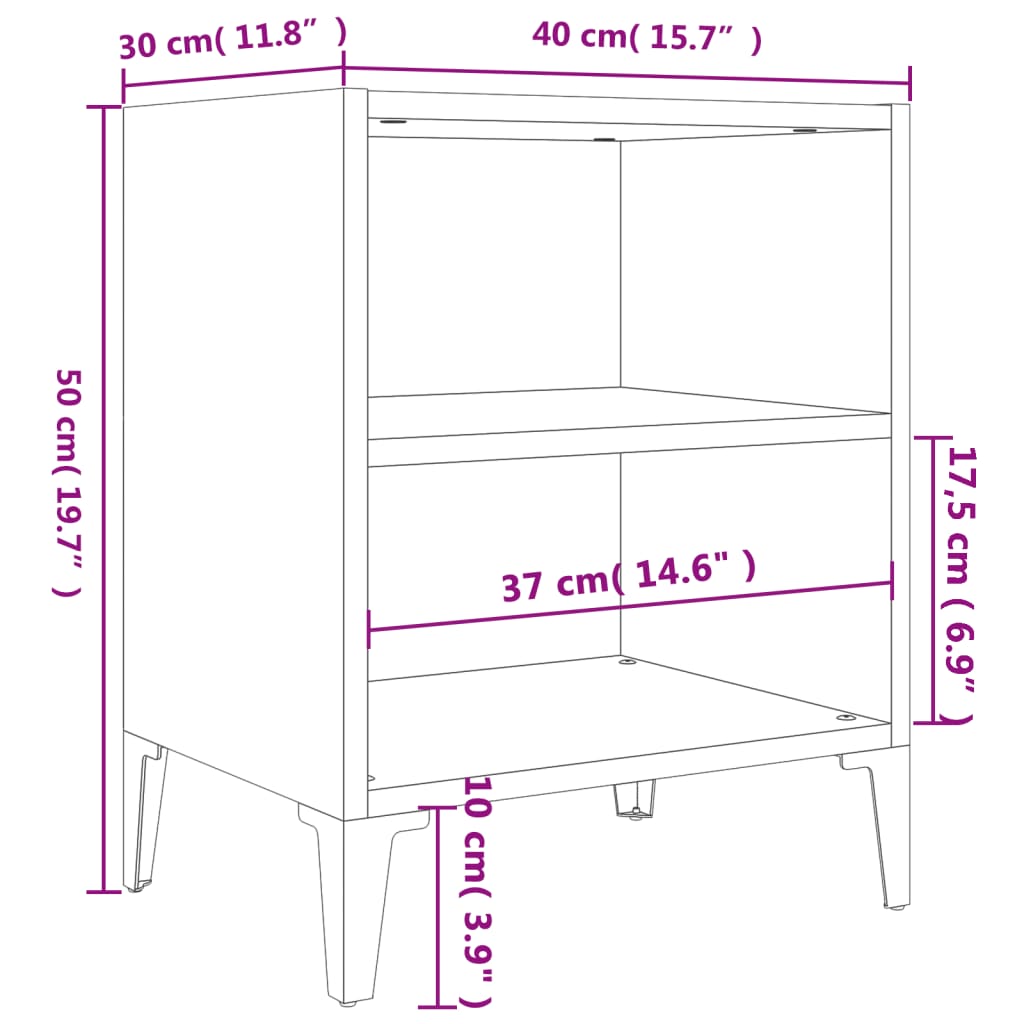 vidaXL Noptiere picioare din metal, 2 buc., stejar afumat, 40x30x50 cm