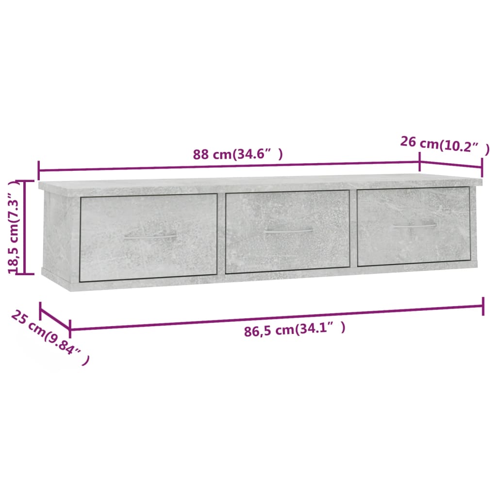 vidaXL Dulap de perete cu sertare, gri beton, 88x26x18,5 cm