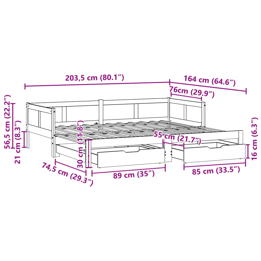 vidaXL Pat de zi cu extensie și sertare fără saltea, 80x200 cm