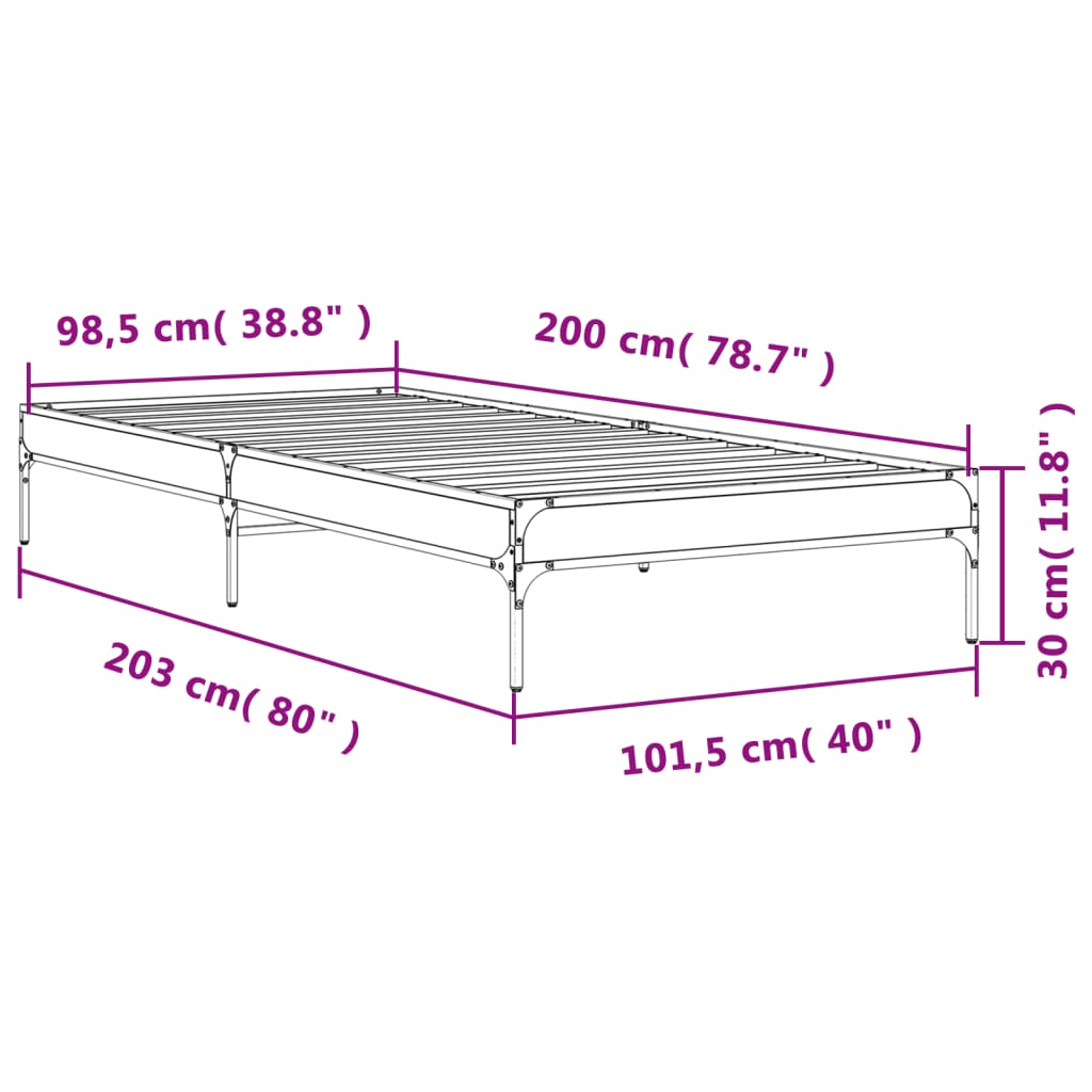 vidaXL Cadru de pat, gri sonoma, 100x200 cm, lemn prelucrat și metal