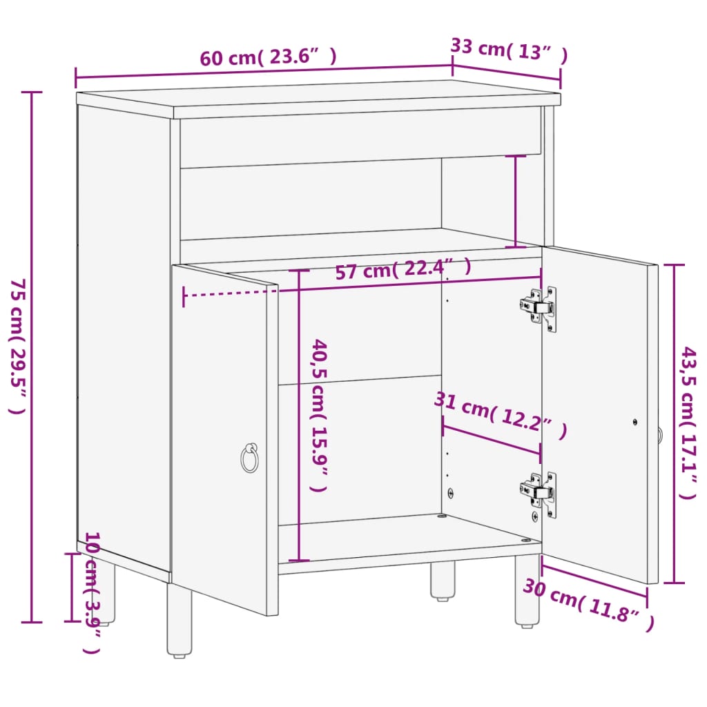 vidaXL Dulap lateral, 60x33x75 cm, lemn masiv de mango