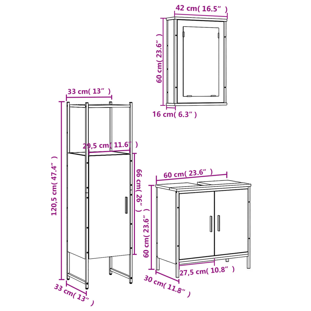 vidaXL Set mobilier de baie, 3 piese, negru, lemn compozit