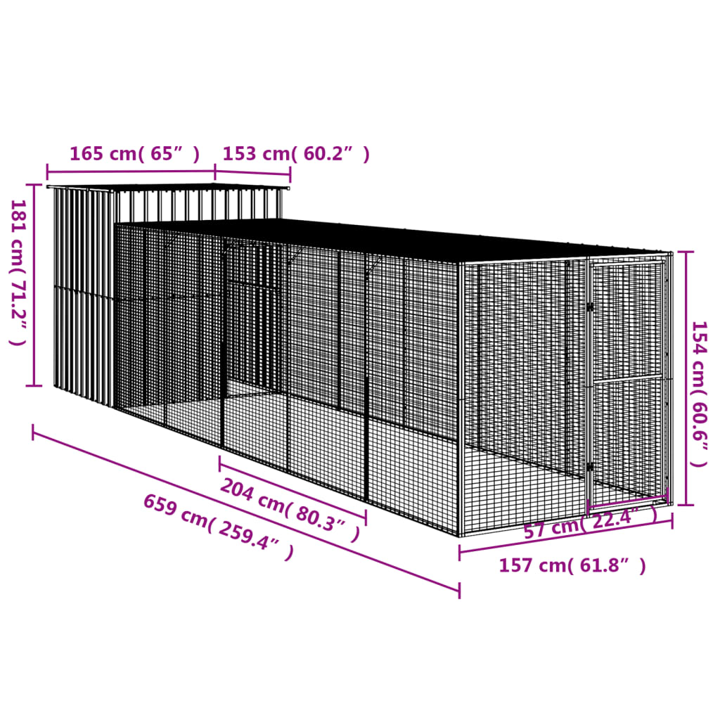 vidaXL Coteț pui cu incintă gri deschis 165x659x181 cm oțel galvanizat