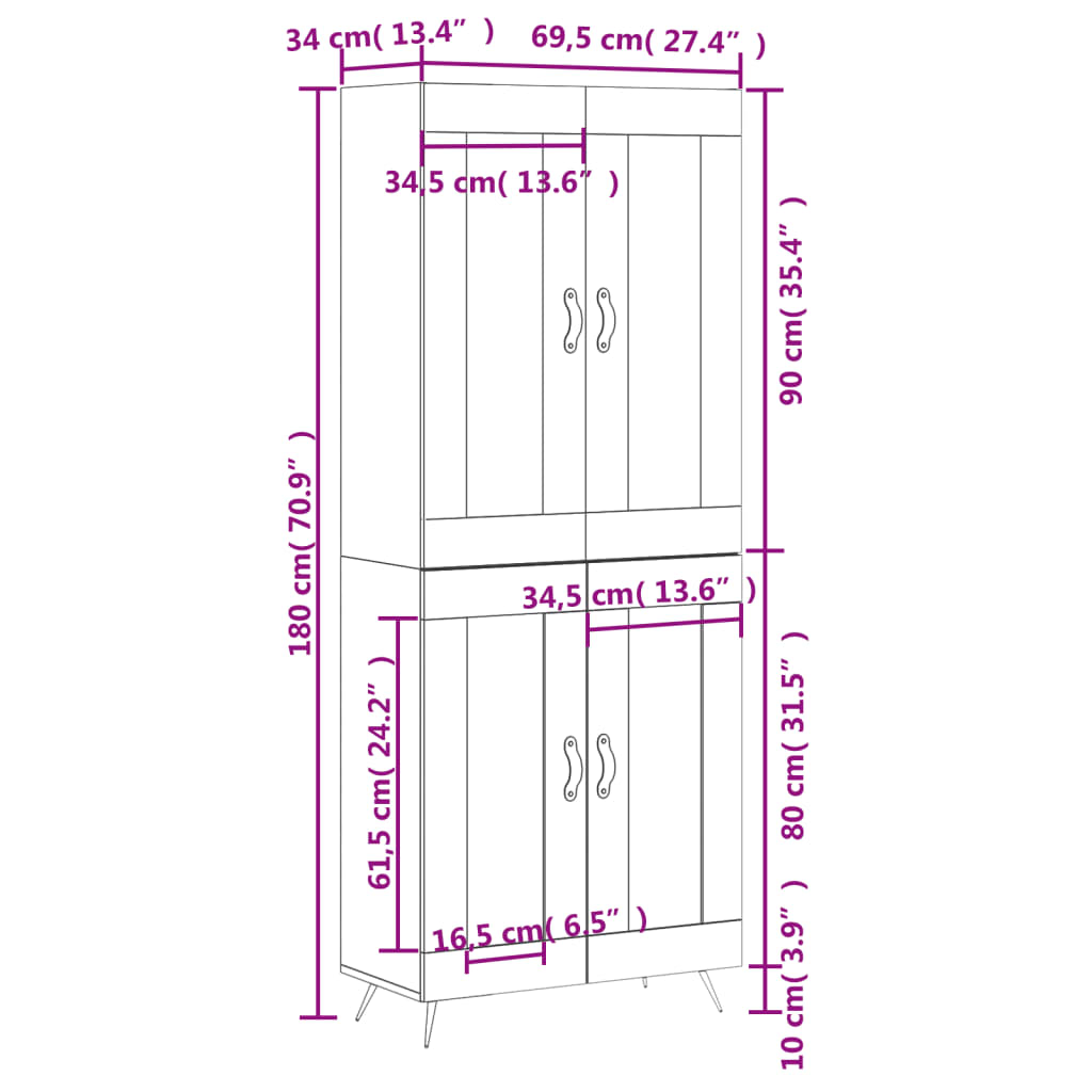 vidaXL Dulap înalt, alb extralucios, 69,5x34x180 cm, lemn compozit