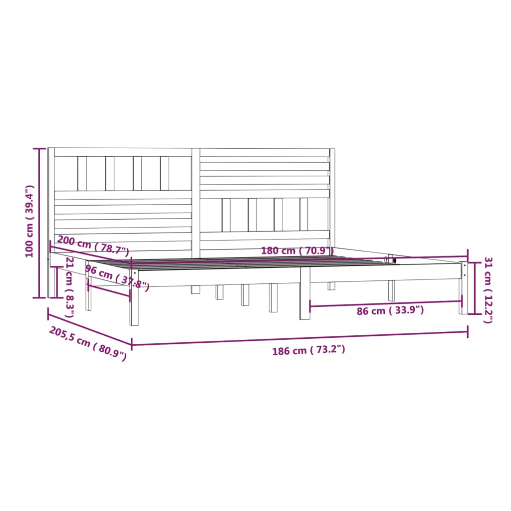 vidaXL Cadru de pat Super King, alb, 180x200 cm, lemn masiv de pin