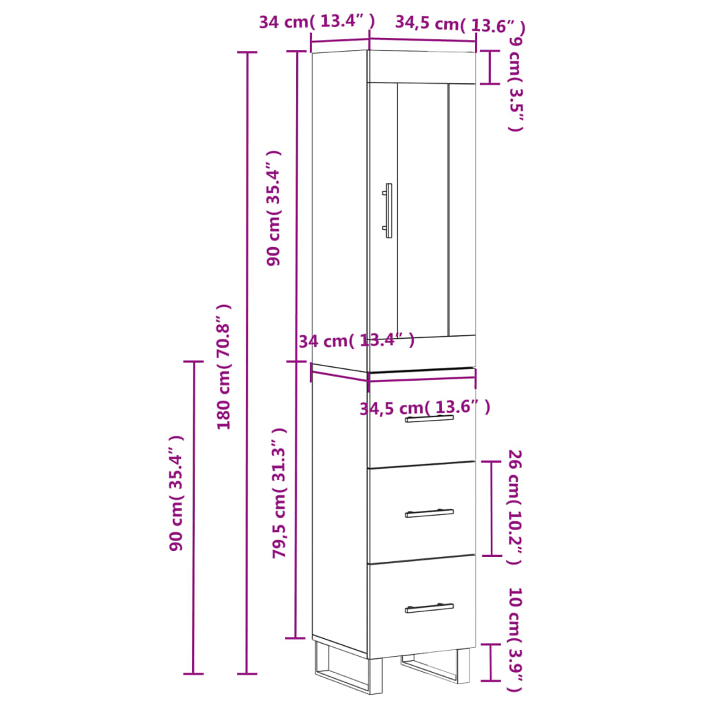 vidaXL Dulap înalt, gri sonoma, 34,5x34x180 cm, lemn prelucrat