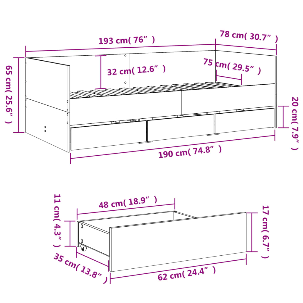 vidaXL Pat de zi cu sertare fără saltea, stejar maro, 75x190 cm