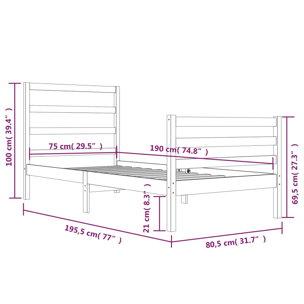 vidaXL Cadru de pat mic single, negru, 75x190 cm, lemn masiv de pin