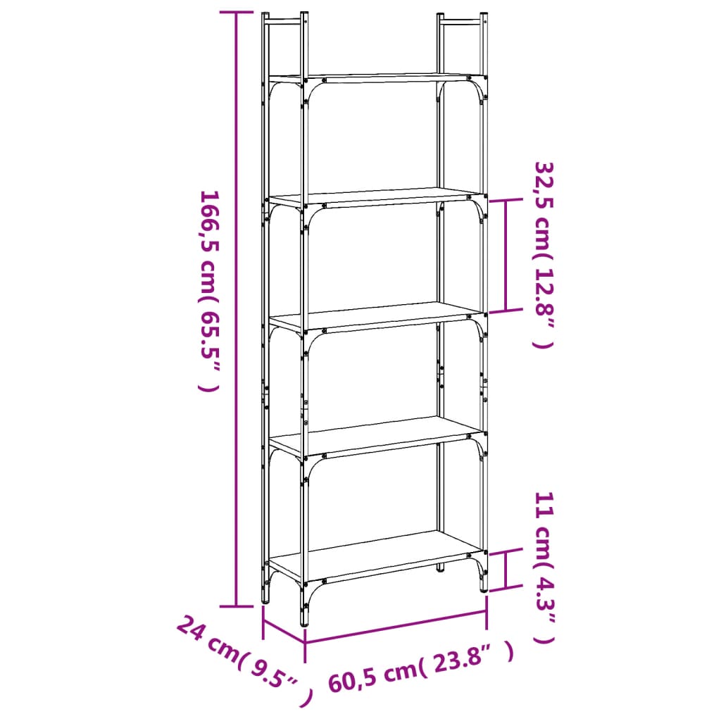 vidaXL Bibliotecă 5 niveluri, stejar fumuriu, 60,5x24x166,5 cm