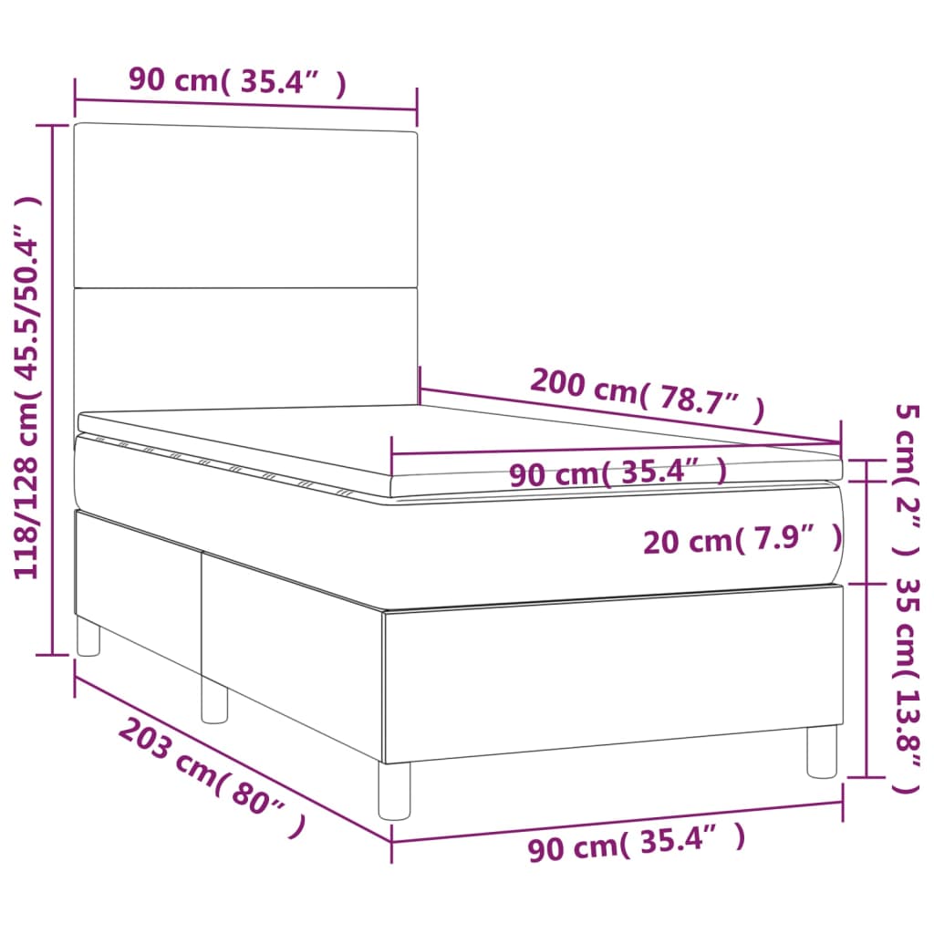 vidaXL Pat continental cu saltea & LED, alb, 90x200 cm, piele eco