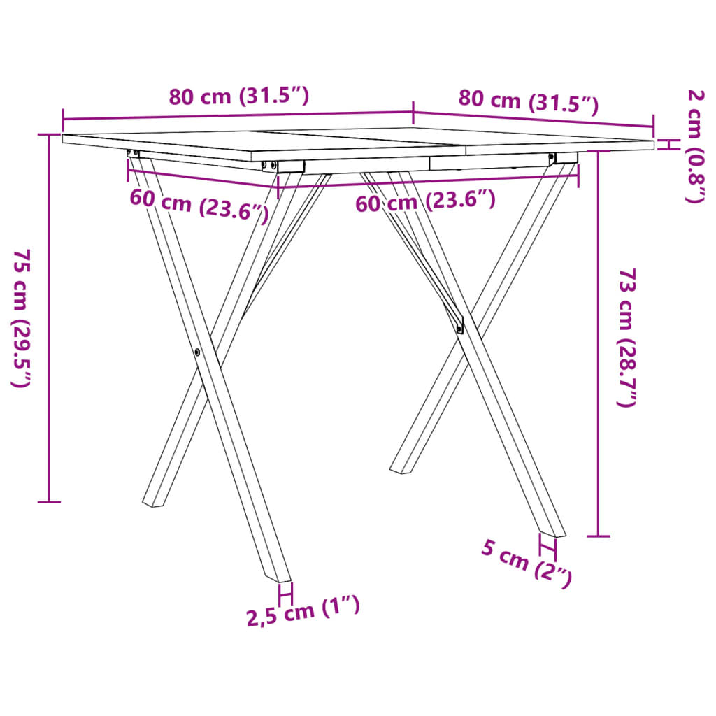 vidaXL Masă de bucătărie, cadru X, 80x80x75 cm lemn masiv pin și fontă