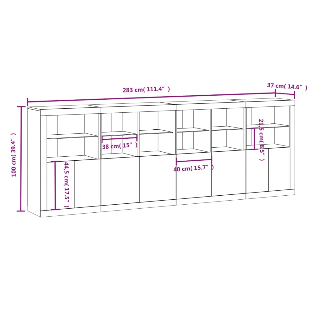 vidaXL Servantă cu lumini LED, stejar maro, 283x37x100 cm